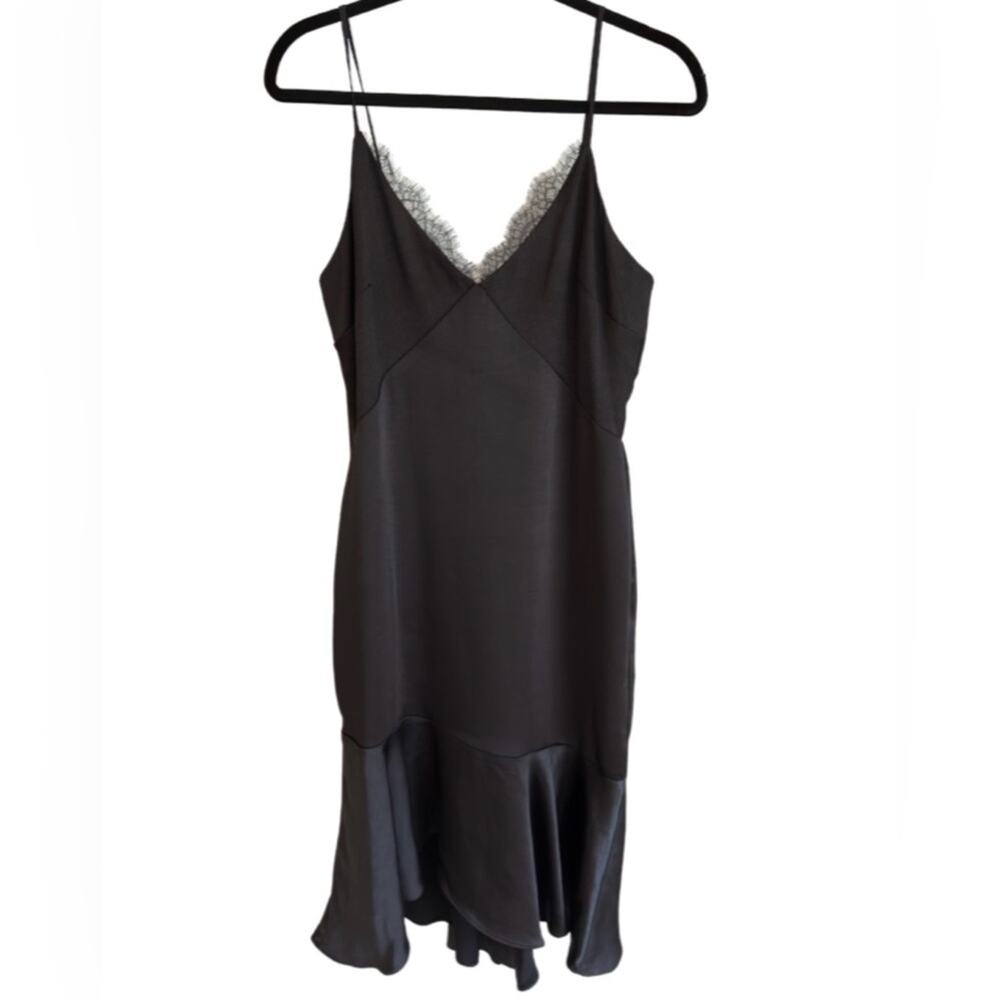 Black Satin Slip Dress Lace Trim Midi High Low Spaghetti Strap Goth M
